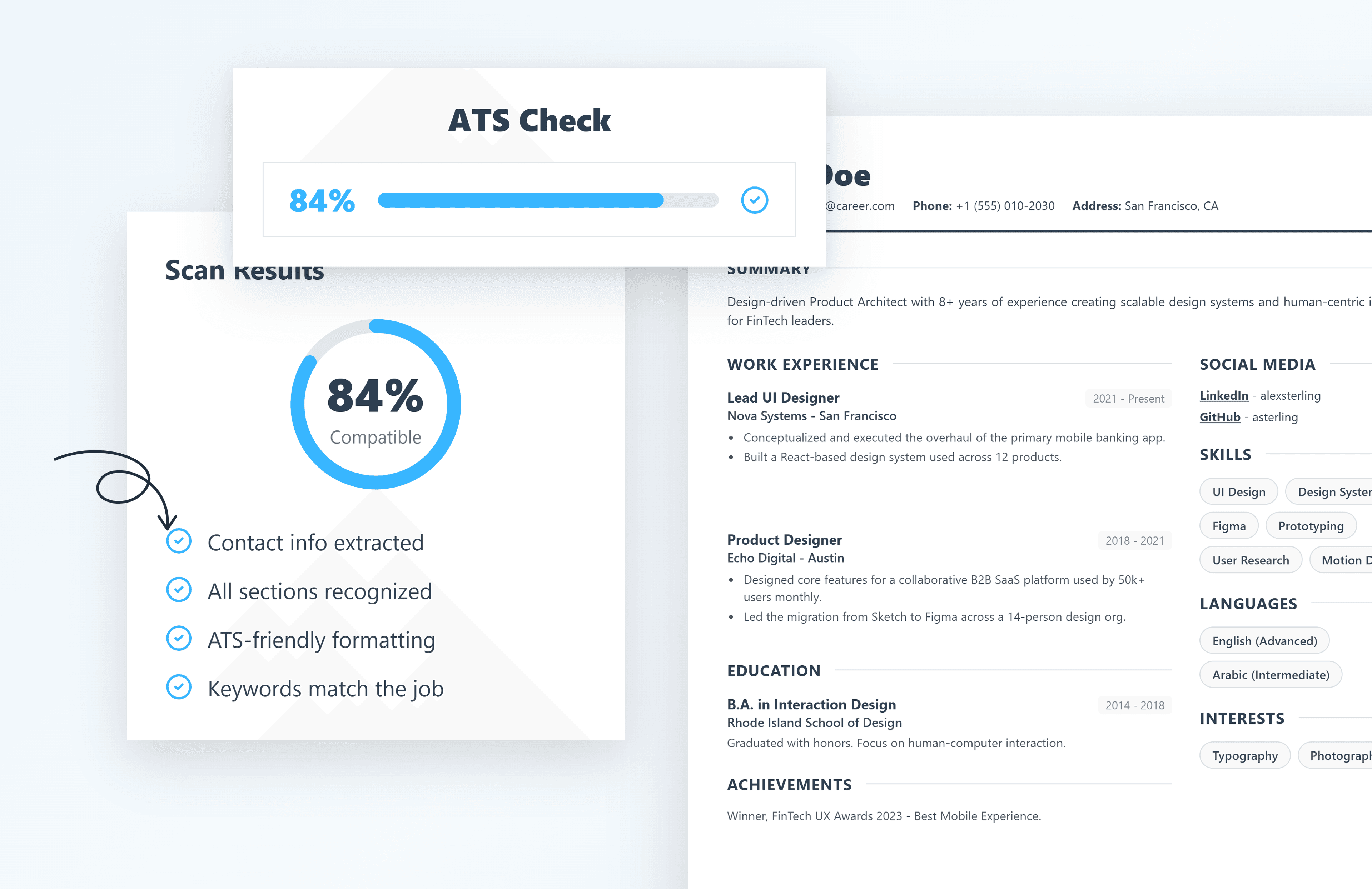 ATS check showing an 84% score and a parsing report