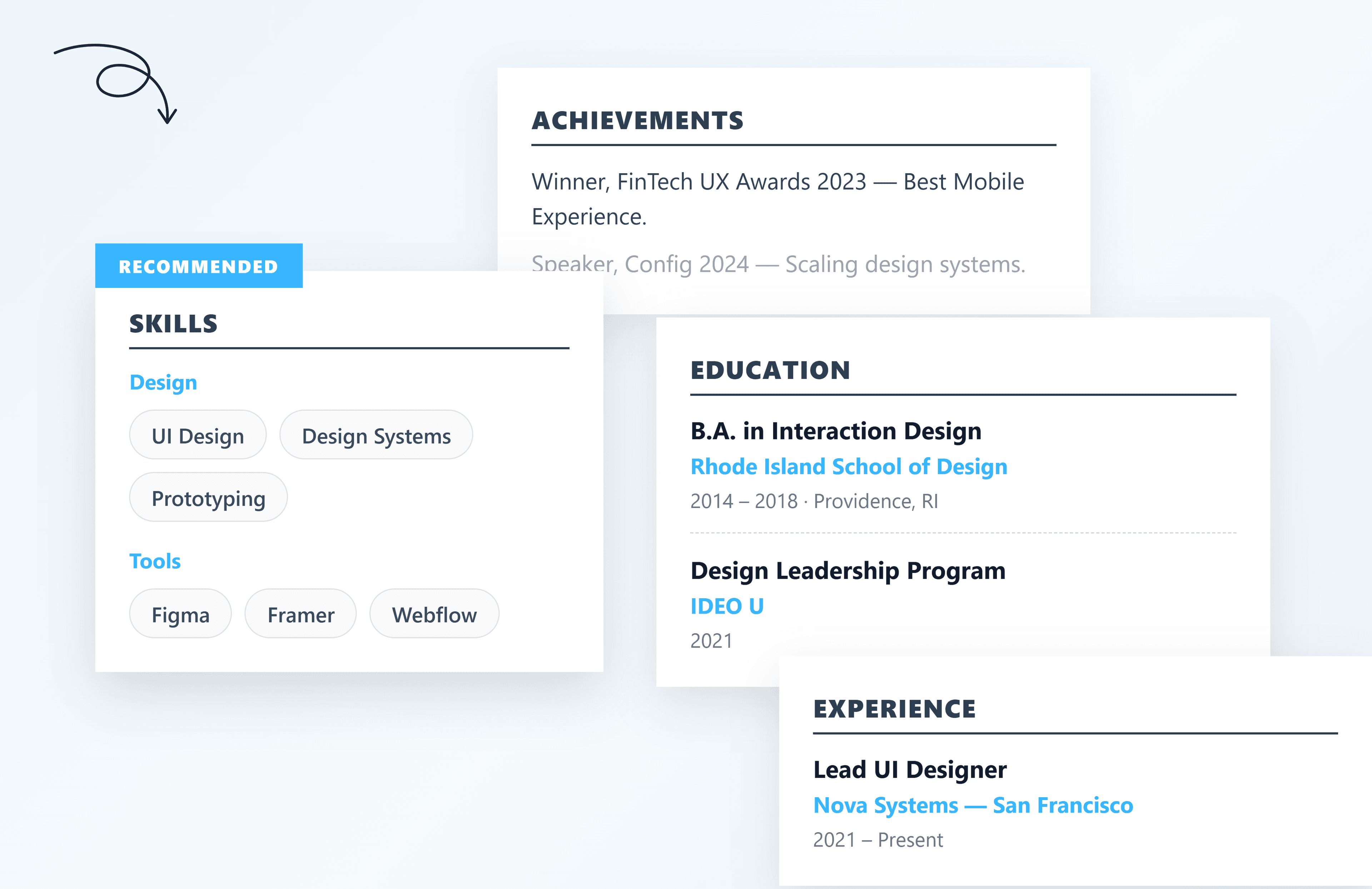 Skills, education, achievements, and experience resume sections